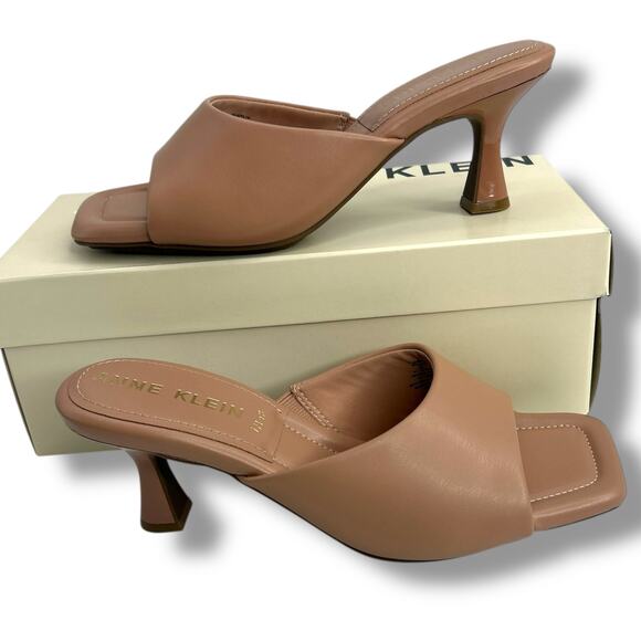 NEW Anne Klein Tan Mules Size 8 Jerilyn Square Toe High Heel Sandals Light Brown - Picture 2 of 14